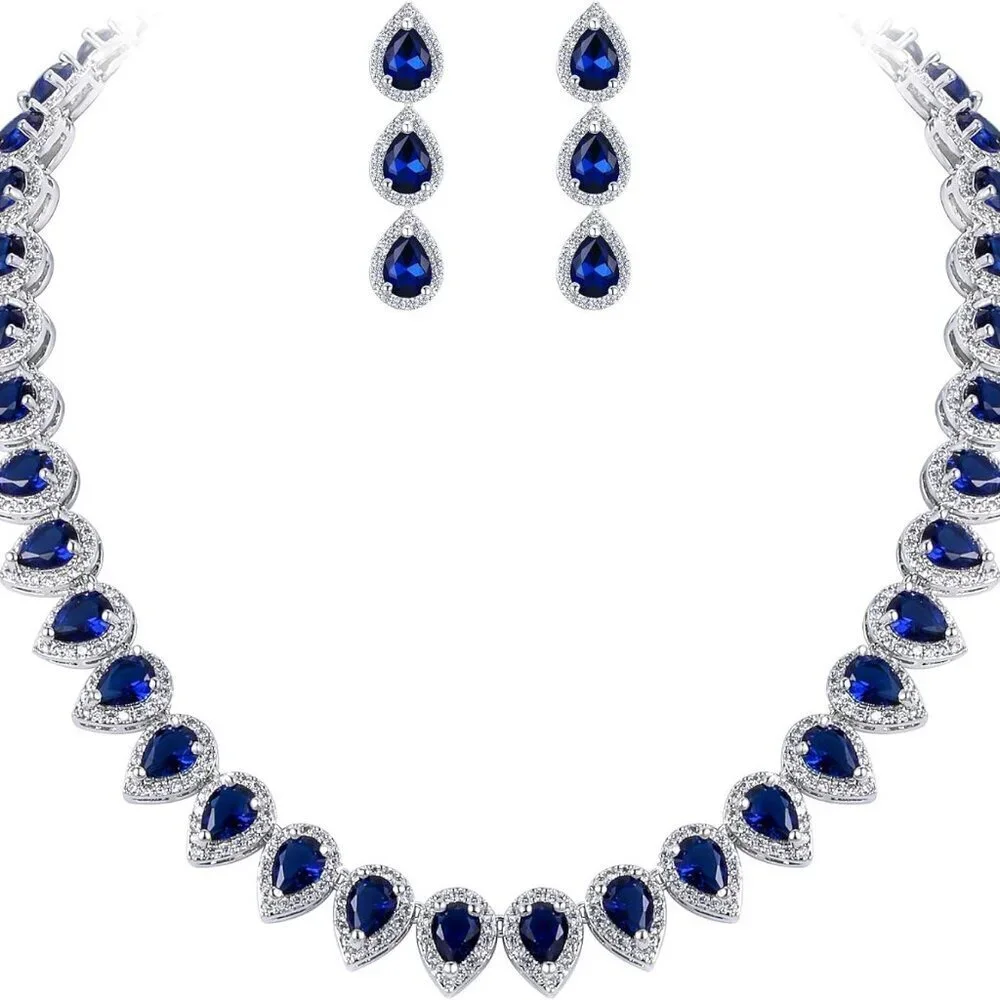 Women's Silver-Tone Cubic Zirconia Bridal Necklace Earrings Set 42cm